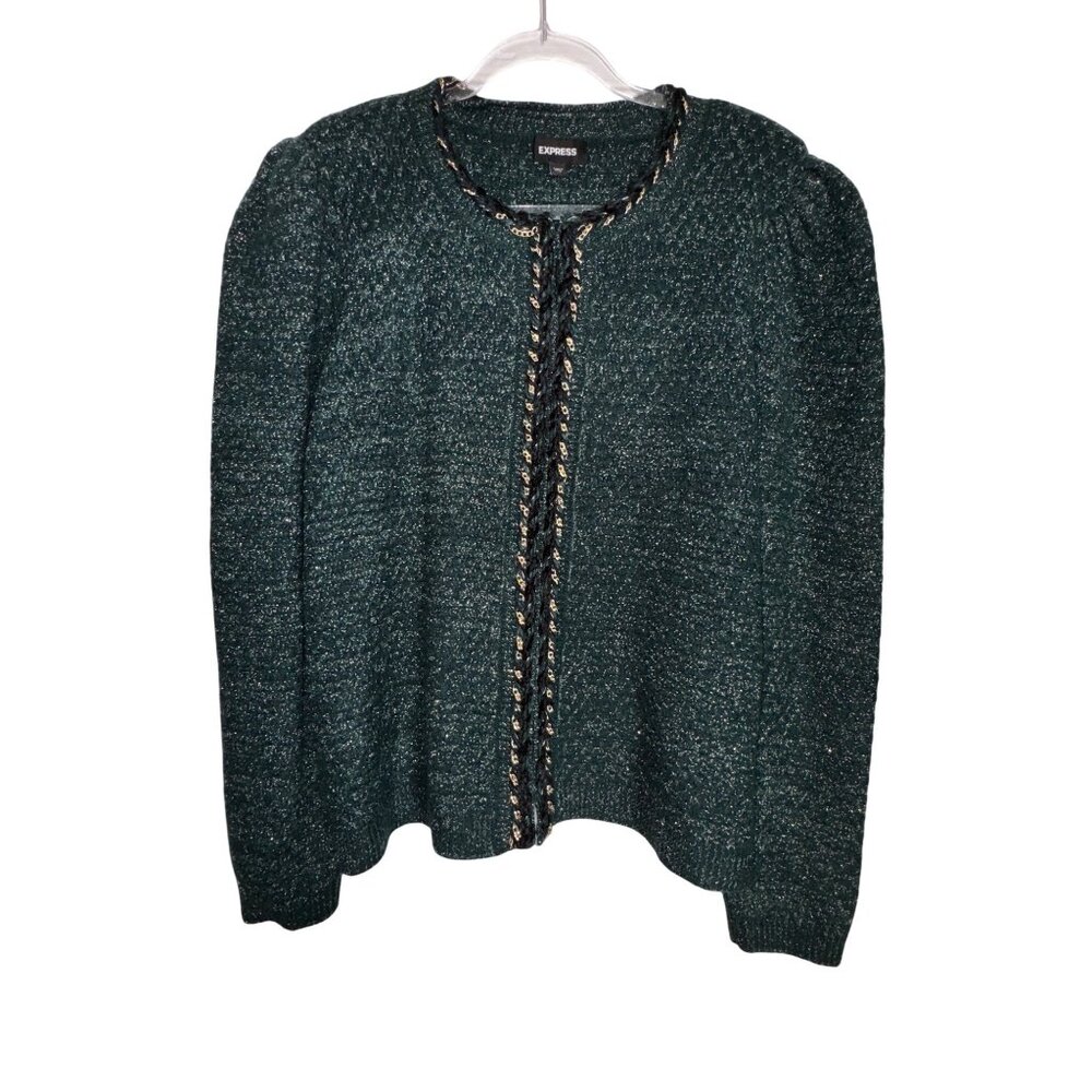 Express Womens XL Green Boucle Cardigan Sweater With‎ Gold Braided Trim Classic
